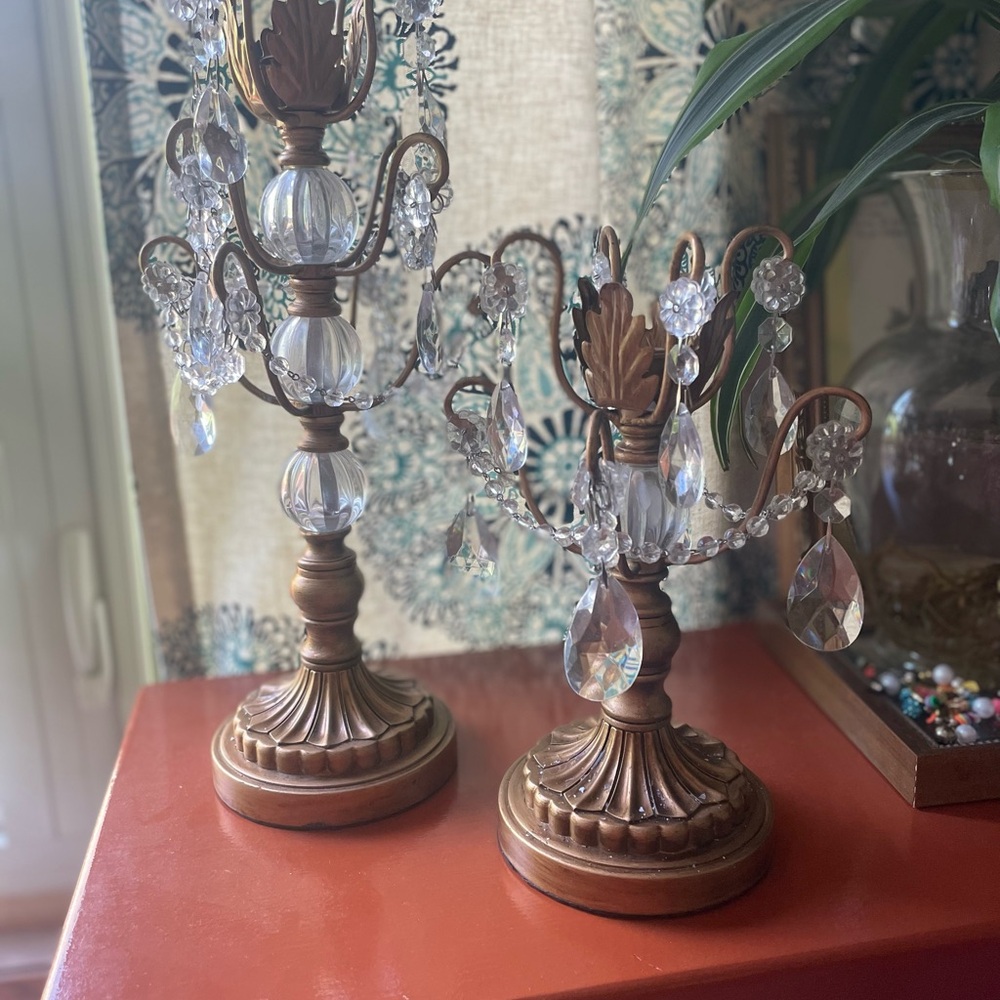 Elegant Bronze Candle Stick Holders with Crystal Accents